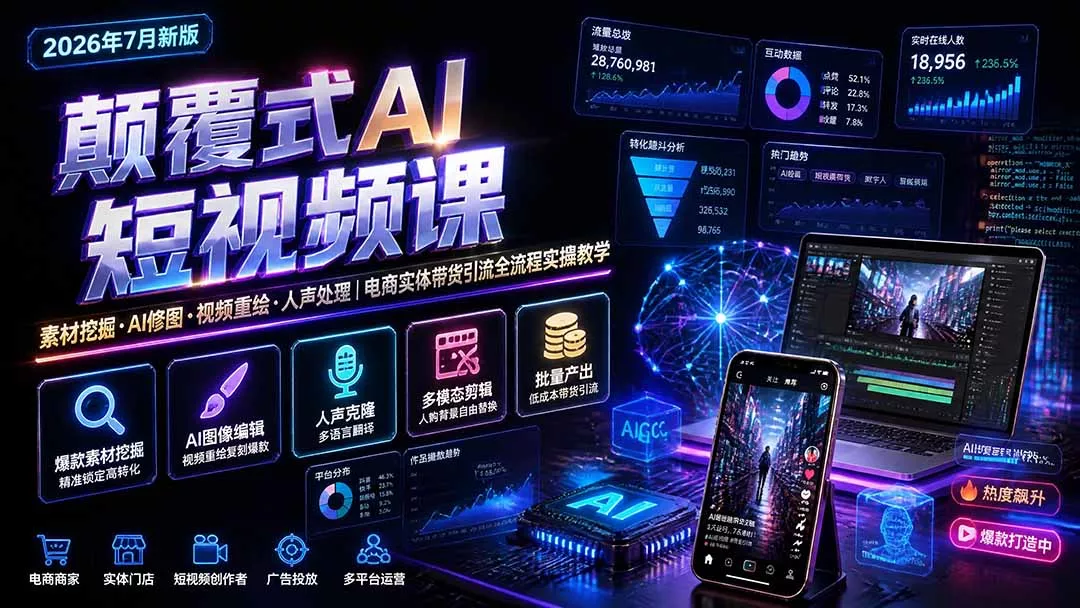 颠覆式AI短视频课-更新｜素材挖掘，AI修图，视频重绘，人声处理｜电商实体带货引流全流程实操教学-羽哥创业课堂