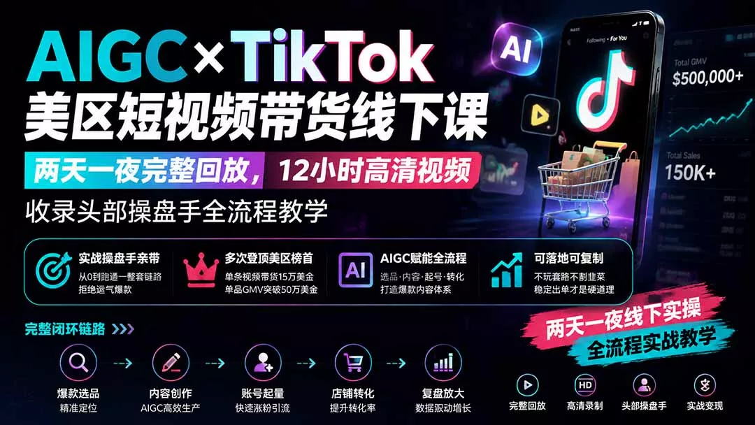 AIGC×TikTok美区短视频带货线下课;两天一夜完整回放,12小时高清视频收录头部操盘手全流程教学-羽哥创业课堂