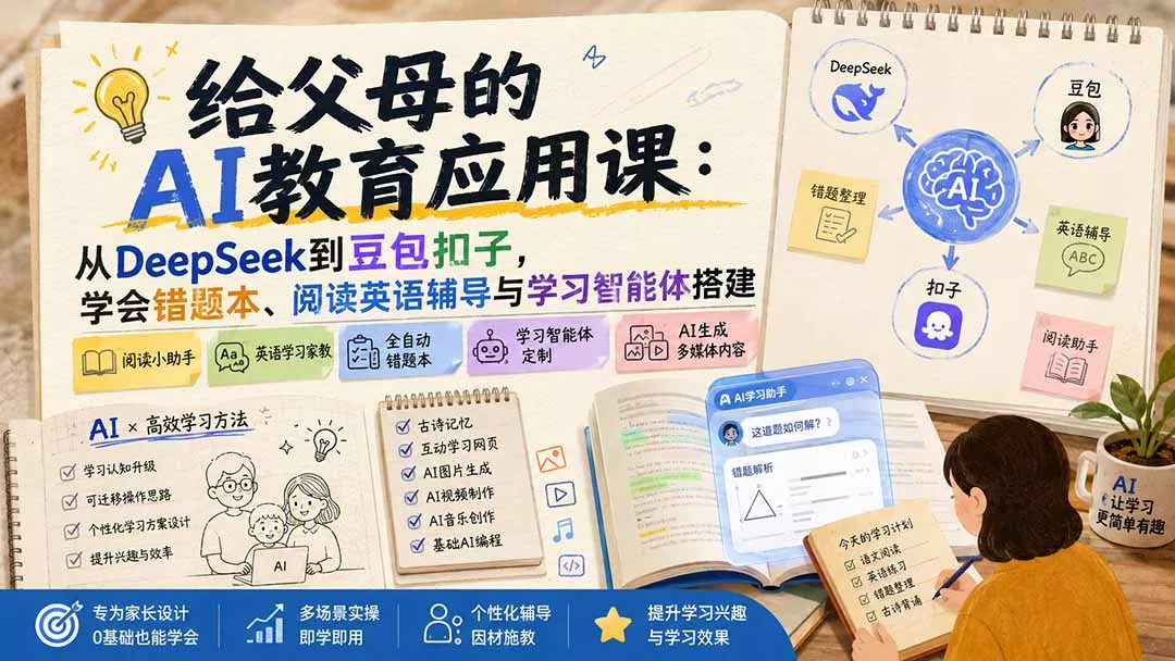 给父母的AI教育应用课:从DeepSeek到豆包扣子,学会错题本、阅读英语辅导与学习智能体搭建-羽哥创业课堂