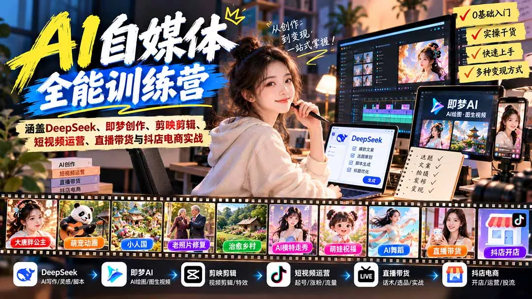 【无水印】AI+自媒体全能训练营:涵盖DeepSeek、即梦创作、剪映剪辑、短视频运营、直播带货与抖店电商实战-羽哥创业课堂