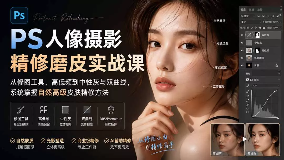 PS人像摄影精修磨皮实战课:从修图工具、高低频到中性灰与双曲线,系统掌握自然高级皮肤精修方法 PS人像摄影精修磨皮实战课:从修图工具、高低频到中性灰与双曲线,系统掌握自然高级皮肤精修方法