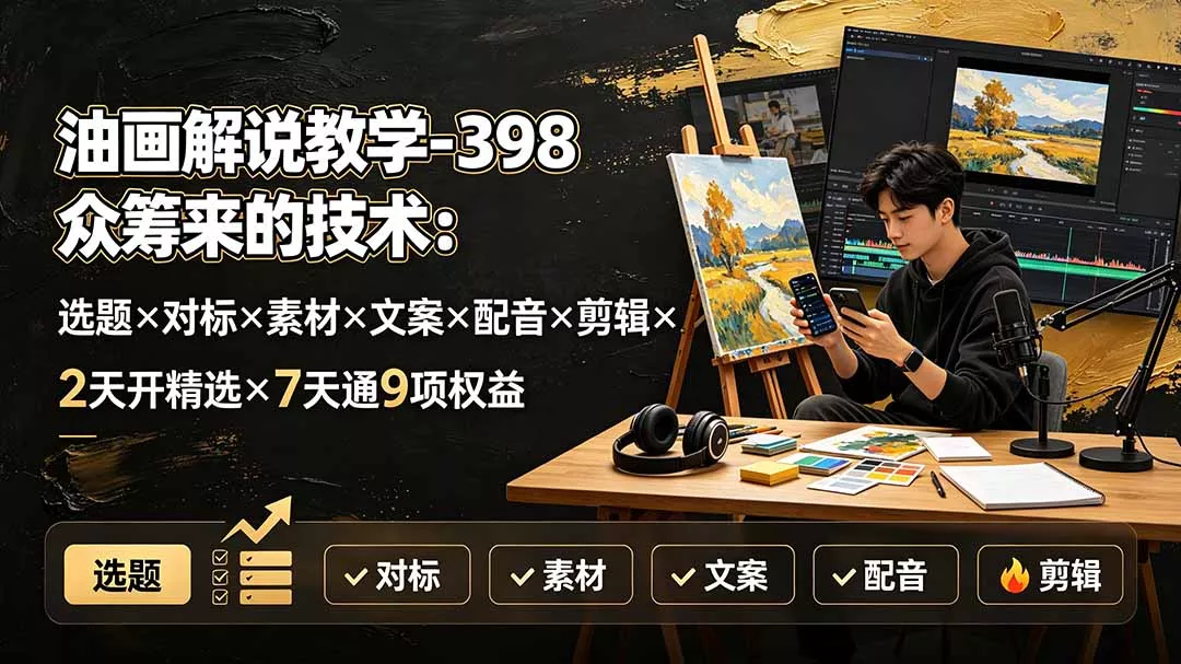 油画解说教学-398众筹来的技术：选题×对标×素材×文案×配音×剪辑×2天开精选×7天通9项权益-羽哥创业课堂