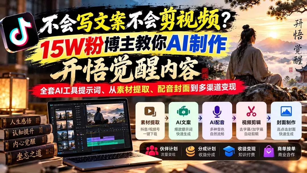 不会写文案不会剪视频？15W粉博主教你AI制作开悟觉醒内容，全套AI工具提示词、从素材提取、配音封面到多渠道变现-羽哥创业课堂
