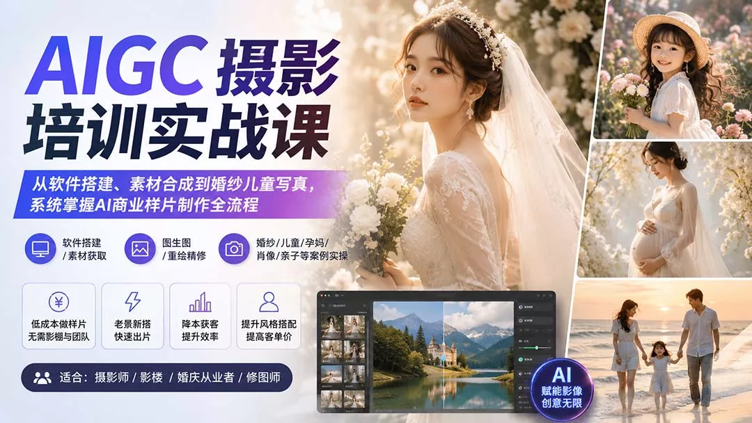 AIGC摄影培训实战课:从软件搭建、素材合成到婚纱儿童写真,系统掌握AI商业样片制作全流程-羽哥创业课堂