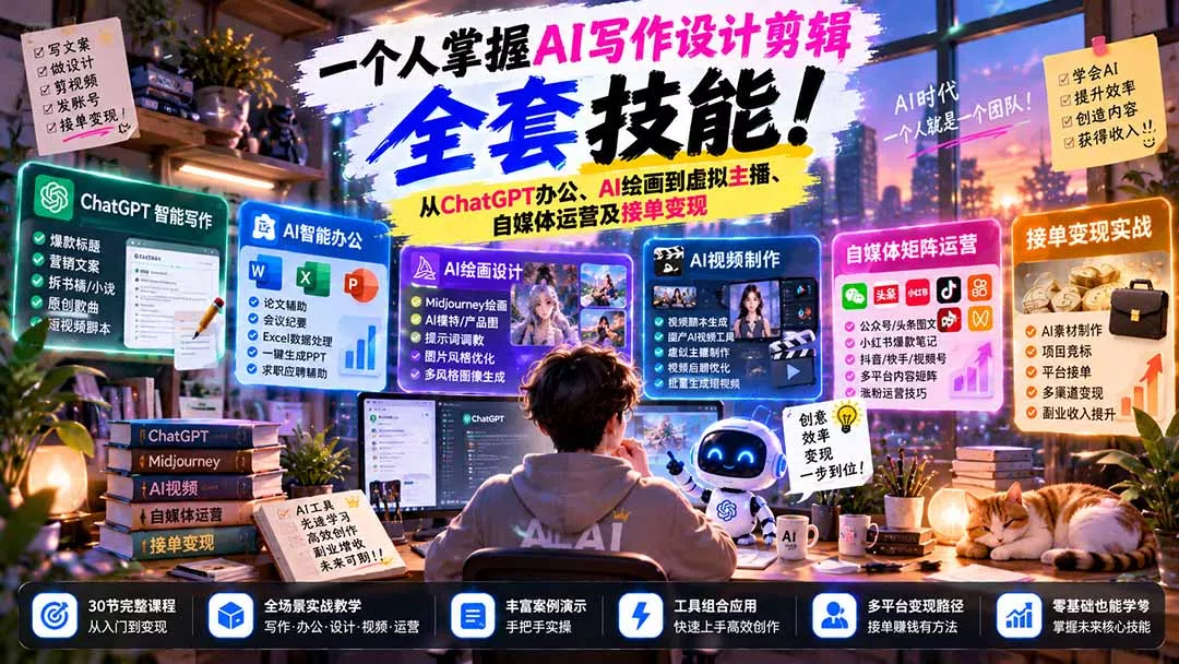 一个人掌握AI写作设计剪辑全套技能：从ChatGPT办公、AI绘画到虚拟主播、自媒体运营及接单变现-羽哥创业课堂