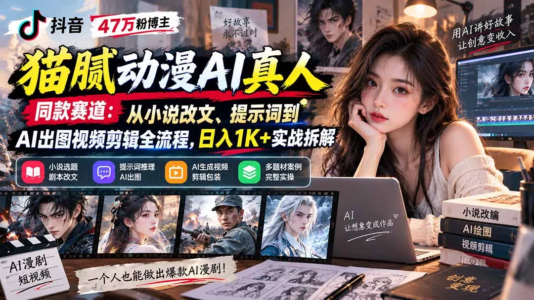 抖音47万粉博主猫腻动漫AI真人同款赛道:从小说改文、提示词到AI出图视频剪辑全流程,日入1K+实战拆解-羽哥创业课堂