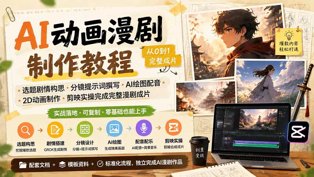 AI动画漫剧制作教程|选题剧情构思·分镜提示词撰写·AI绘图配音·2D动画制作·剪映实操完成完整漫剧成片-羽哥创业课堂