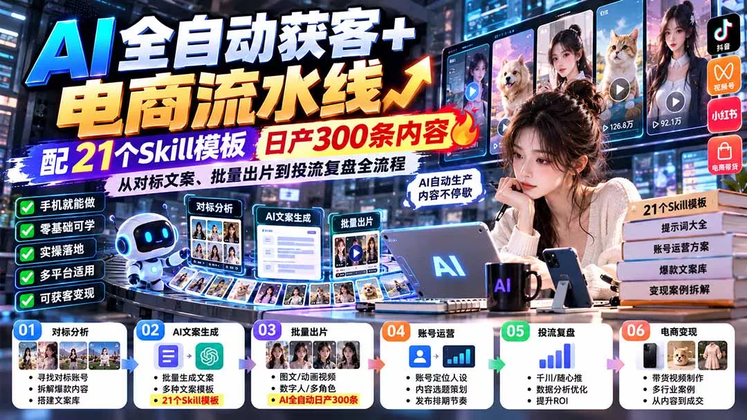 【无水印】AI全自动获客+电商流水线:配21个Skill模板,日产300条内容,从对标文案、批量出片到投流复盘全流程-羽哥创业课堂