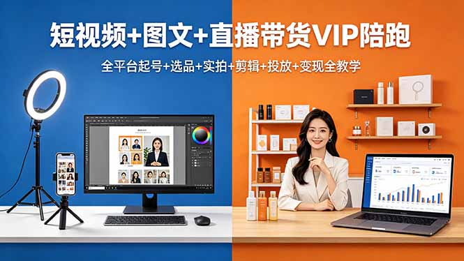 短视频+图文+直播带货VIP陪跑，全平台起号+选品+实拍+剪辑+投放+变现全教学-羽哥创业课堂