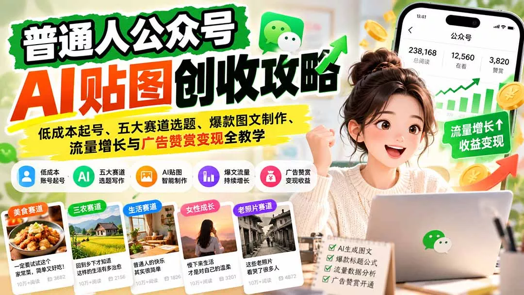 普通人公众号AI贴图创收攻略:低成本起号、五大赛道选题、爆款图文制作、流量增长与广告赞赏变现全教学-羽哥创业课堂