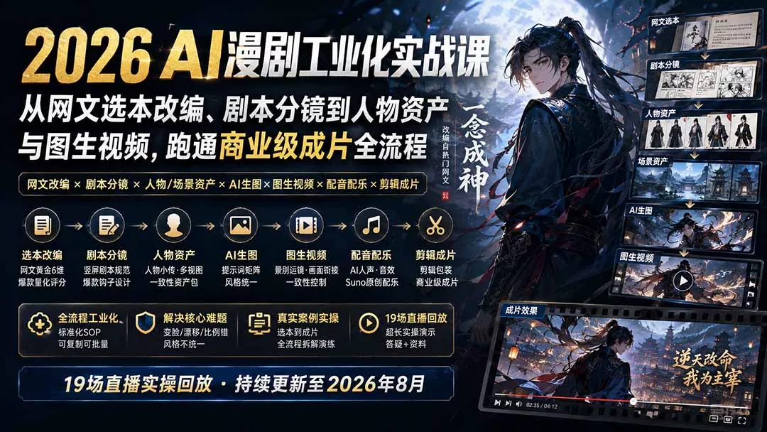 2026 AI漫剧工业化实战课-更新：从网文选本改编、剧本分镜到人物资产与图生视频，跑通商业级成片全流程-羽哥创业课堂