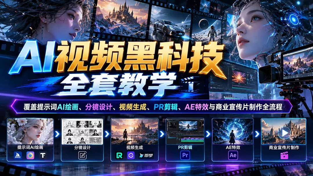 AI视频黑科技全套教学:覆盖提示词AI绘画、分镜设计、视频生成、PR剪辑、AE特效与商业宣传片制作全流程-羽哥创业课堂