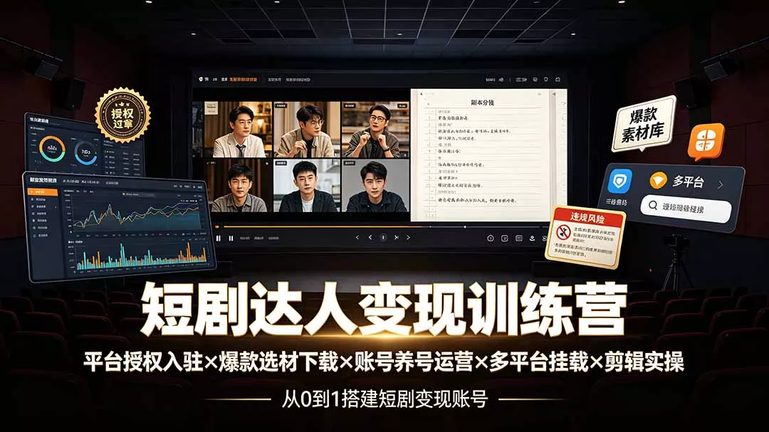 短剧达人变现训练营:平台授权入驻×爆款选材下载×账号养号运营×多平台挂载×剪辑实操×违规处理全流程-羽哥创业课堂