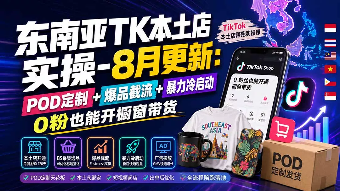 东南亚TK本土店实操-8月更新:POD定制+爆品截流+暴力冷启动,0粉也能开橱窗带货-羽哥创业课堂
