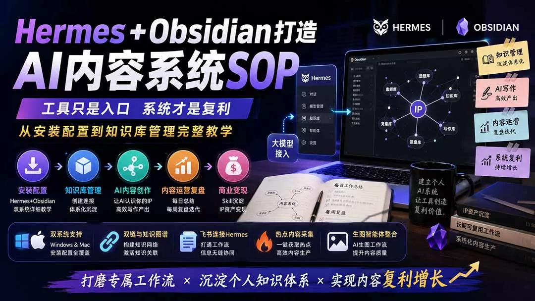 Hermes+Obsidian打造AI内容系统SOP;工具只是入口系统才是复利,从安装配置到知识库管理完整教学-羽哥创业课堂
