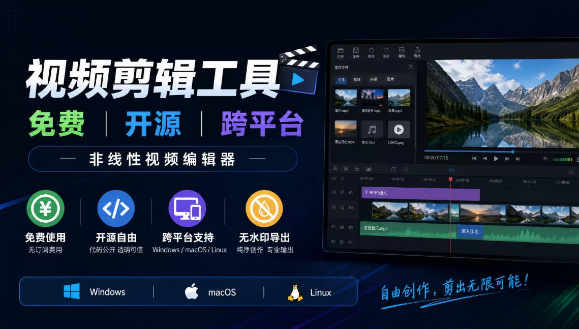 视频剪辑工具，免费、开源、跨平台，非线性视频编辑器，支持Windows、macOS、Linux，无水印、无订阅费用-羽哥创业课堂