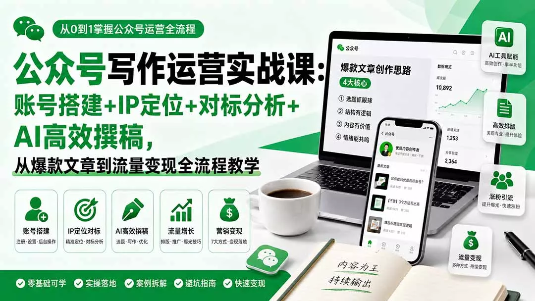 公众号写作运营实战课:账号搭建+IP定位+对标分析+AI高效撰稿,从爆款文章到流量变现全流程教学-羽哥创业课堂