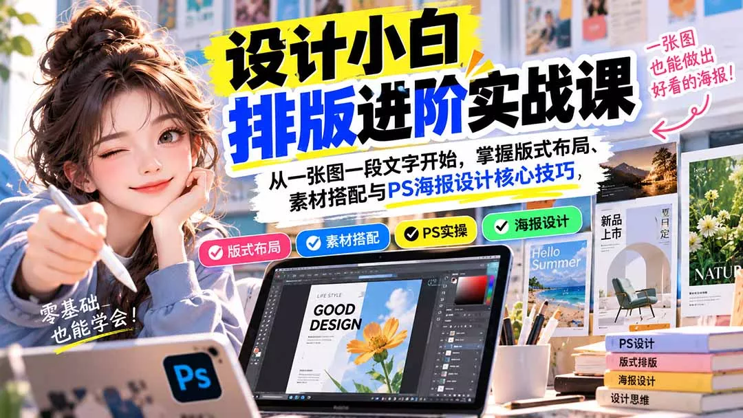设计小白排版进阶实战课:从一张图一段文字开始,掌握版式布局、素材搭配与PS海报设计核心技巧-羽哥创业课堂