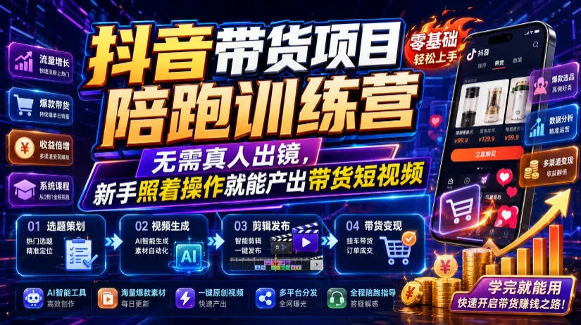 抖音带货项目陪跑训练营，无需真人出镜，新手照着操作就能产出带货短视频-羽哥创业课堂