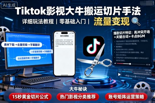 Tiktok影视大牛搬运切片手法,详细玩法教程-羽哥创业课堂