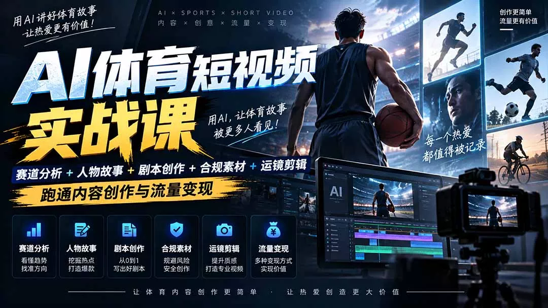 AI体育短视频赛道顶级玩法｜赛道分析+人物故事+剧本创作+版权处理+运镜剪辑，跑通流量变现-日赚1K+-羽哥创业课堂