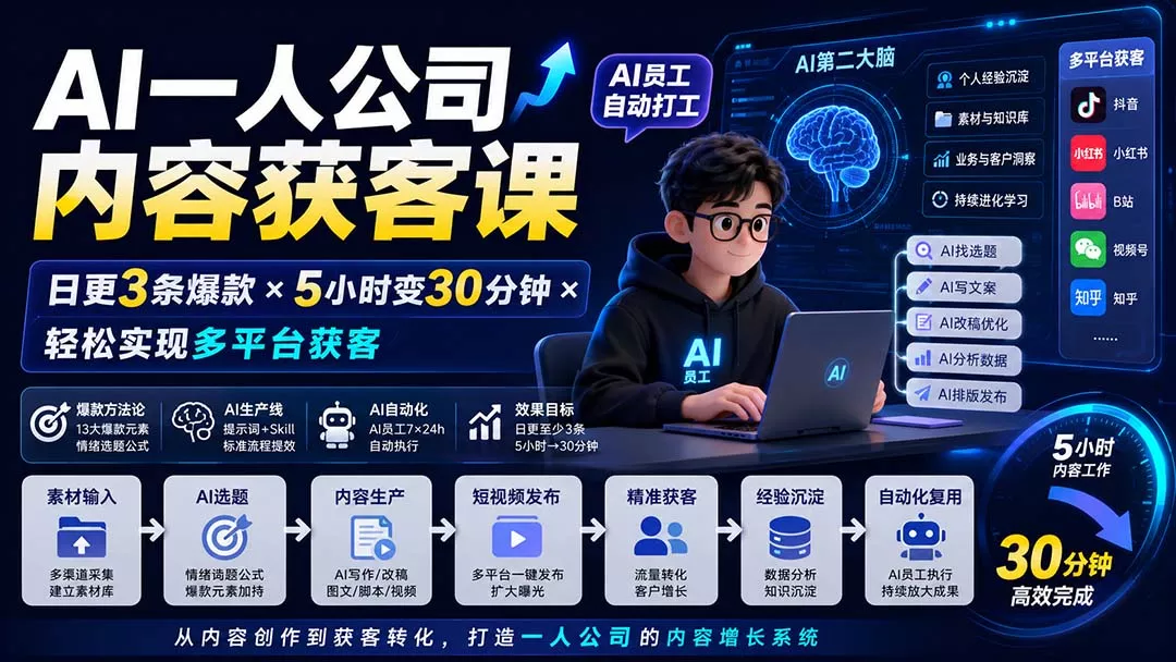 AI一人公司内容获客课-更新8月:日更3条爆款×5小时变30分钟×AI员工自动打工,轻松实现多平台获客 AI一人公司内容获客课-更新8月:日更3条爆款×5小时变30分钟×AI员工自动打工,轻松实现多平台获客