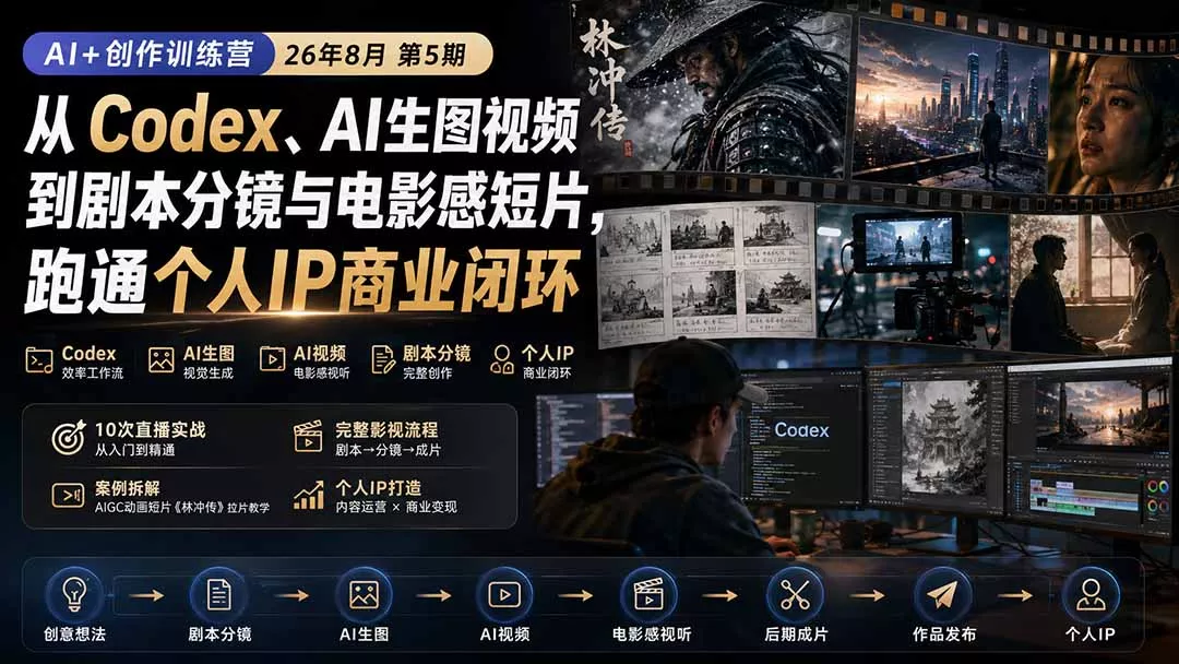 AI+创作训练营26年8月第5期：从Codex、AI生图视频到剧本分镜与电影感短片，跑通个人IP商业闭环-羽哥创业课堂