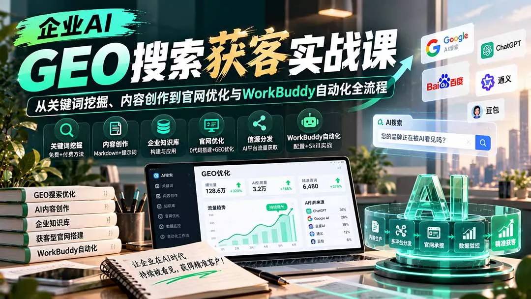企业AI GEO搜索获客实战课：从关键词挖掘、内容创作到官网优化与WorkBuddy自动化全流程-羽哥创业课堂