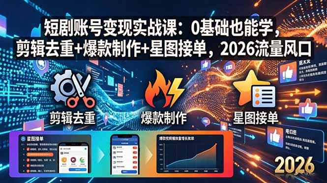 短剧账号变现实战课：0基础也能学，剪辑去重+爆款制作+星图接单，2026流量风口-羽哥创业课堂