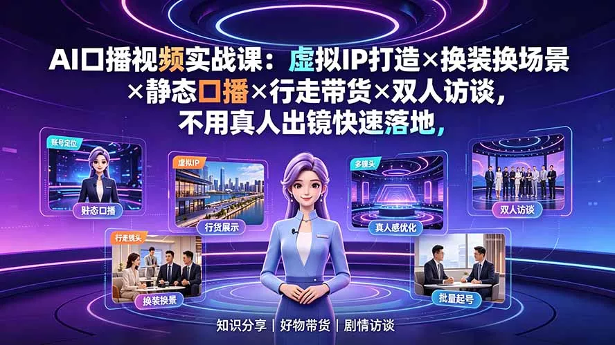 AI口播视频实战课：虚拟IP打造×换装换场景×静态口播×行走带货×双人访谈，不用真人出镜快速落地-羽哥创业课堂