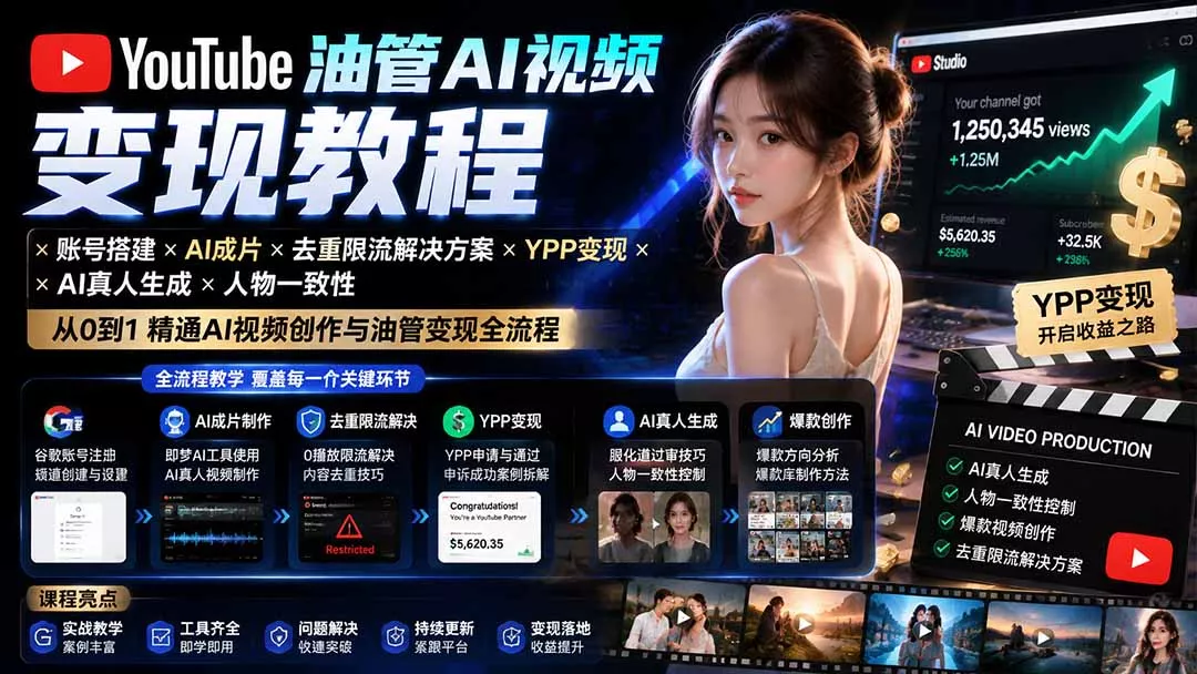 YouTube油管AI视频变现教程:账号搭建×AI成片×去重限流解决方案×YPP变现×AI真人生成×人物一致性-羽哥创业课堂