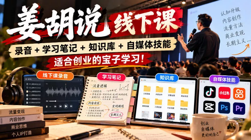 姜胡说线下课录音＋学习笔记＋知识库＋自媒体技能，适合创业的宝子学习！-羽哥创业课堂