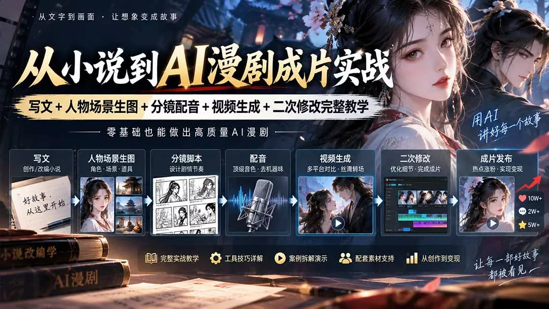 从小说到AI漫剧成片实战:写文+人物场景生图+分镜配音+视频生成+二次修改完整教学-羽哥创业课堂