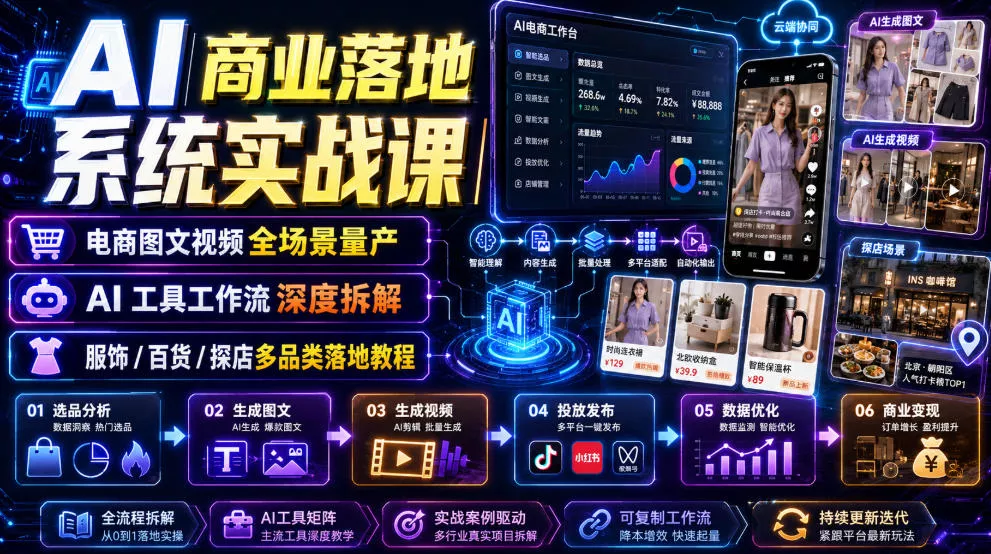 AI商业落地系统实战课|电商图文视频全场景量产・AI工具工作流深度拆解・服饰/百货/探店多品类落地教程-羽哥创业课堂