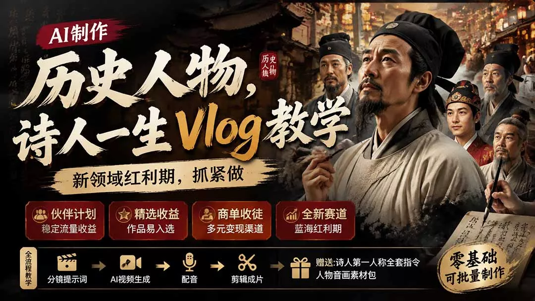 历史人物，诗人一生Vlog教学， AI制作丨伙伴计划丨精选收益丨商单收徒 ，新领域红利期，抓紧做-羽哥创业课堂