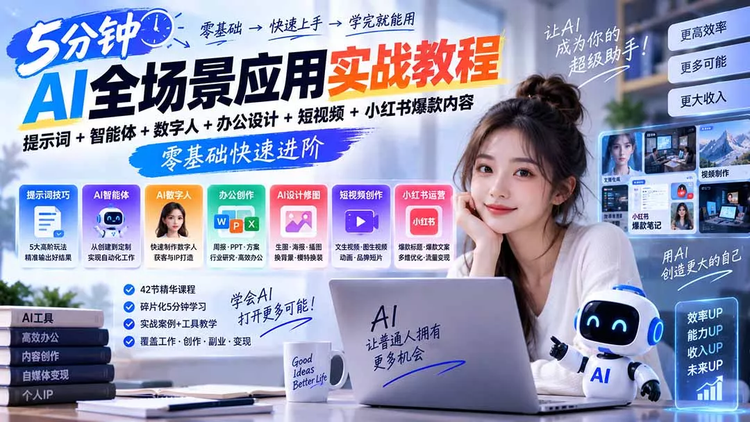 AI全场景应用实战教程|提示词+智能体+数字人+办公设计+短视频+小红书爆款内容,零基础快速进阶 AI全场景应用实战教程|提示词+智能体+数字人+办公设计+短视频+小红书爆款内容,零基础快速进阶