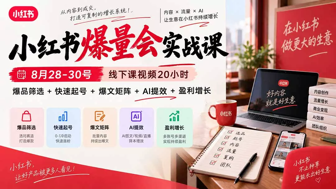 小红书爆量会实战课-更新9月17:线下课视频20小时,爆品筛选+快速起号+爆文矩阵+AI提效+盈利增长-羽哥创业课堂