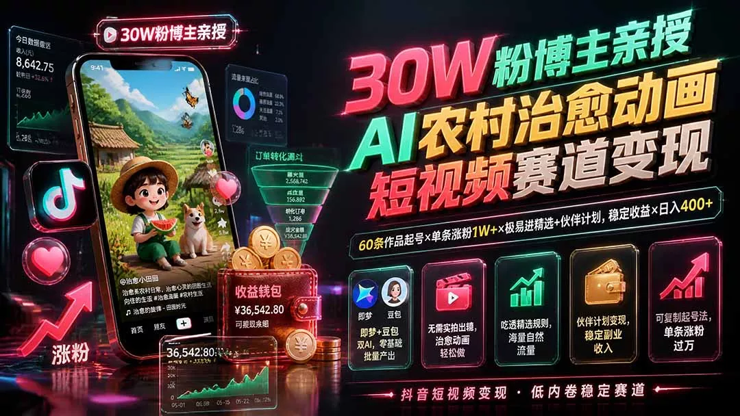 30W粉博主亲授AI农村治愈动画短视频赛道变现：60条作品起号×单条涨粉1W+×极易进精选+伙伴计划，稳定收益×日入400+-羽哥创业课堂