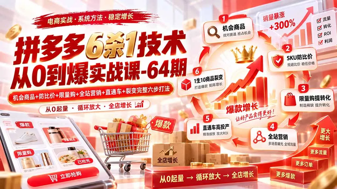 拼多多6杀1技术从0到爆实战课-64期:机会商品+防比价+限量购+全站营销+直通车+裂变完整六步打法-羽哥创业课堂