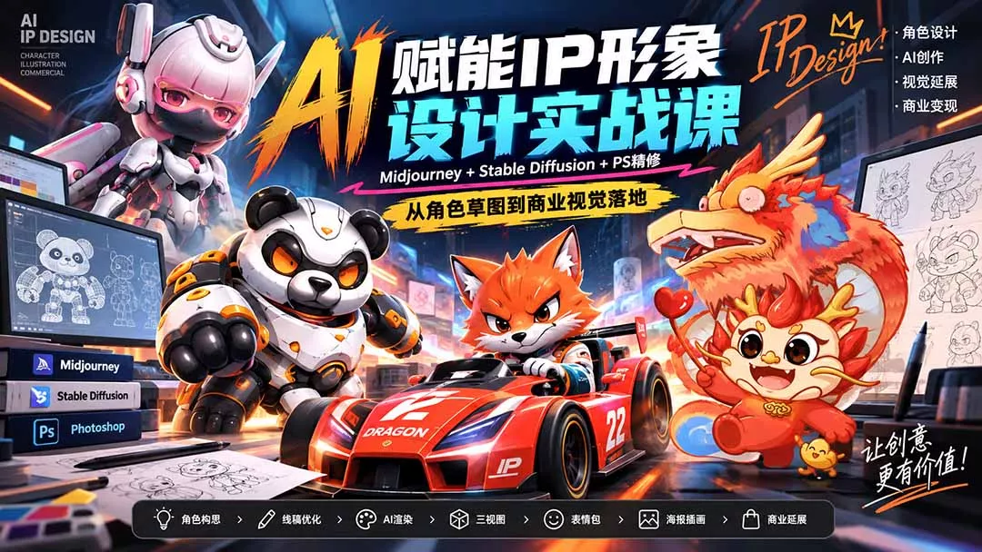 AI赋能IP形象设计实战课-无水印：Midjourney+Stable Diffusion+PS精修，从角色草图到商业视觉落地-羽哥创业课堂