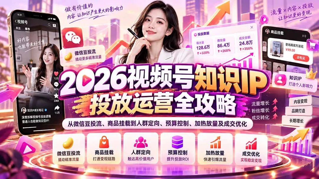 2026视频号知识IP投放运营全攻略:从微信豆投流、商品挂载到人群定向、预算控制、加热放量及成交优化 2026视频号知识IP投放运营全攻略:从微信豆投流、商品挂载到人群定向、预算控制、加热放量及成交优化