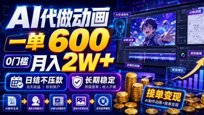 AI代做动画，一单600，0门槛月入2W+，日结不压款，长期稳定【揭秘】-羽哥创业课堂