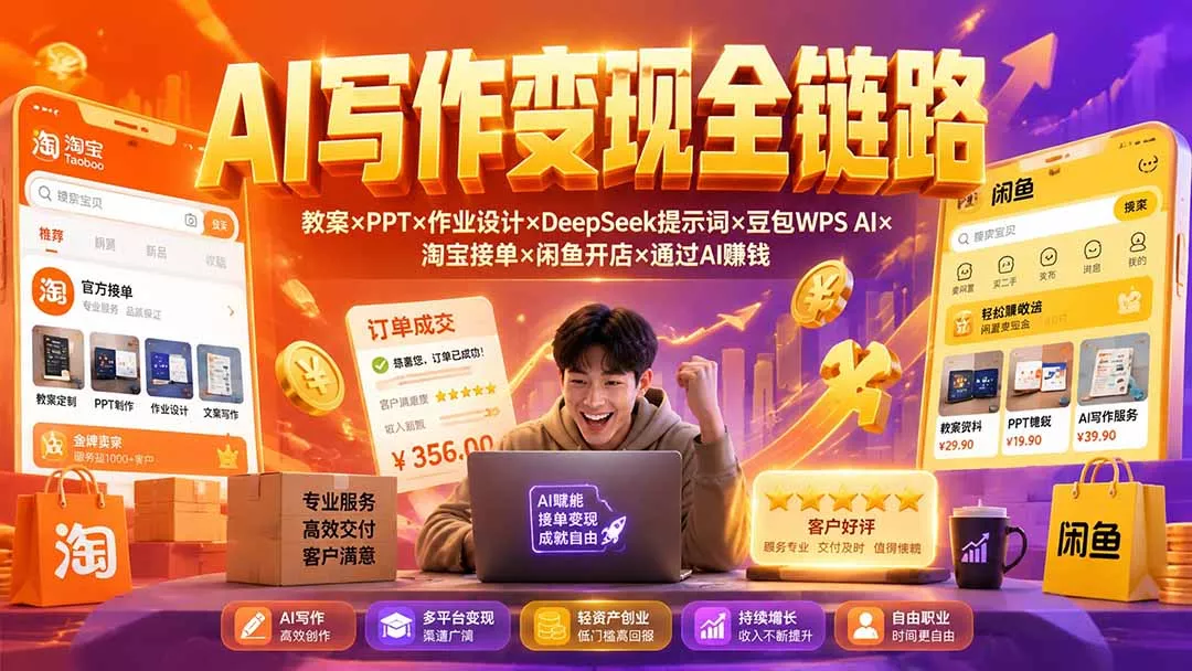 2026AI写作变现全链路:教案×PPT×作业设计×DeepSeek提示词×豆包WPS AI×淘宝接单×闲鱼开店×通过AI賺钱-羽哥创业课堂