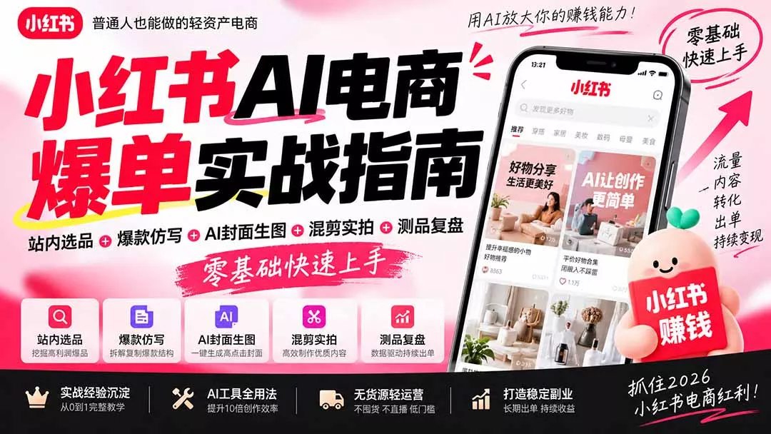 2026小红书AI电商爆单实战指南：站内选品+爆款仿写+AI封面生图+混剪实拍+测品复盘，零基础快速上手-羽哥创业课堂