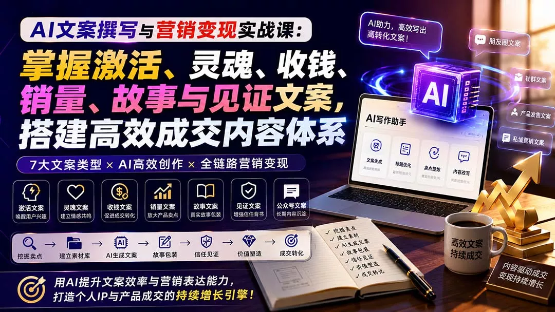 AI文案撰写与营销变现实战课:掌握激活、灵魂、收钱、销量、故事与见证文案,搭建高效成交内容体系-羽哥创业课堂