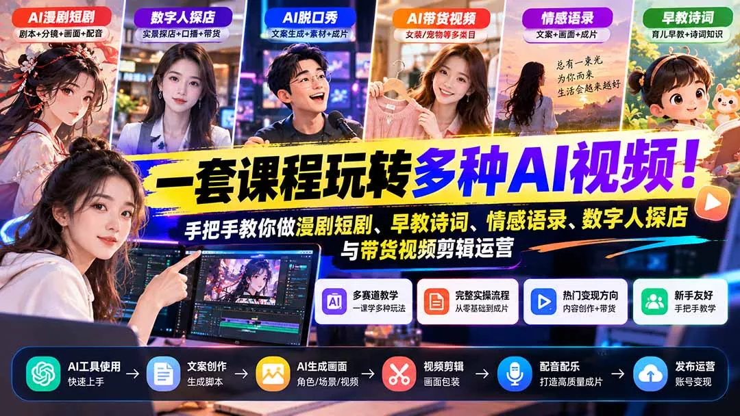 【无水印】一套课程玩转多种AI视频！手把手教你做漫剧短剧、早教诗词、情感语录、数字人探店与带货视频剪辑运营