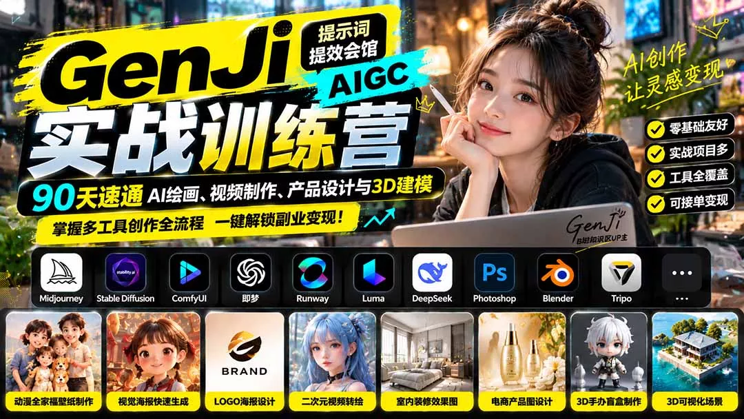GenJi AIGC实战训练营：90天速通AI绘画、视频制作、产品设计与3D建模，掌握多工具创作全流程-羽哥创业课堂