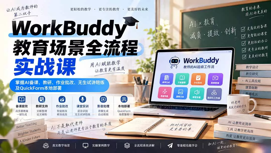 WorkBuddy教育场景全流程实战课：掌握AI备课、教研、作业批改、无生试讲陪练及QuickForm本地部署-羽哥创业课堂