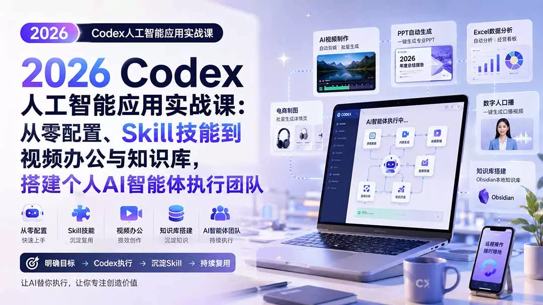 2026 Codex人工智能应用实战课：从零配置、Skill技能到视频办公与知识库，搭建个人AI智能体执行团队