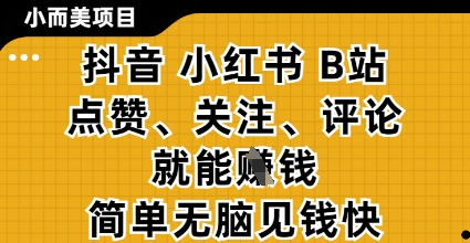 小而美的项目，抖音小红书B站视频点赞、关注、评论就能挣钱，简单无脑立见收益，妥妥的零撸项目【揭秘】-羽哥创业课堂